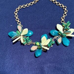 Gold Chain Floral Statement Necklace in Teal and Cream